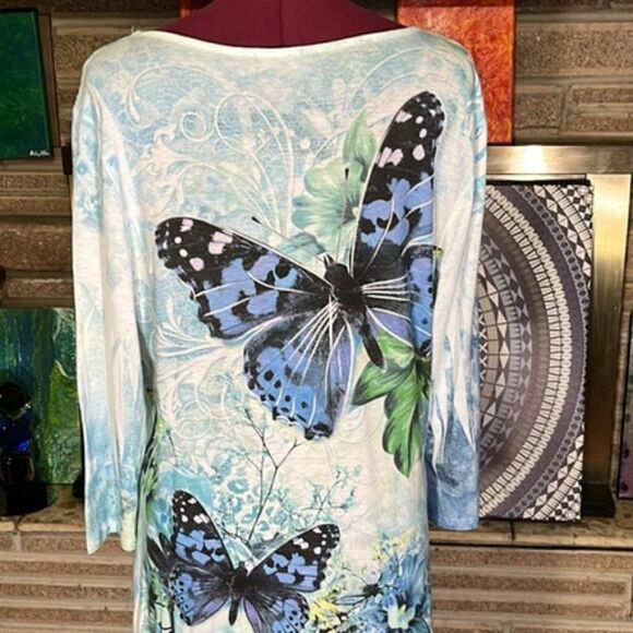 Cal Style USA Butterfly & Floral Print Tunic 3/4 Sleeve Size Large - Picture 7 of 12